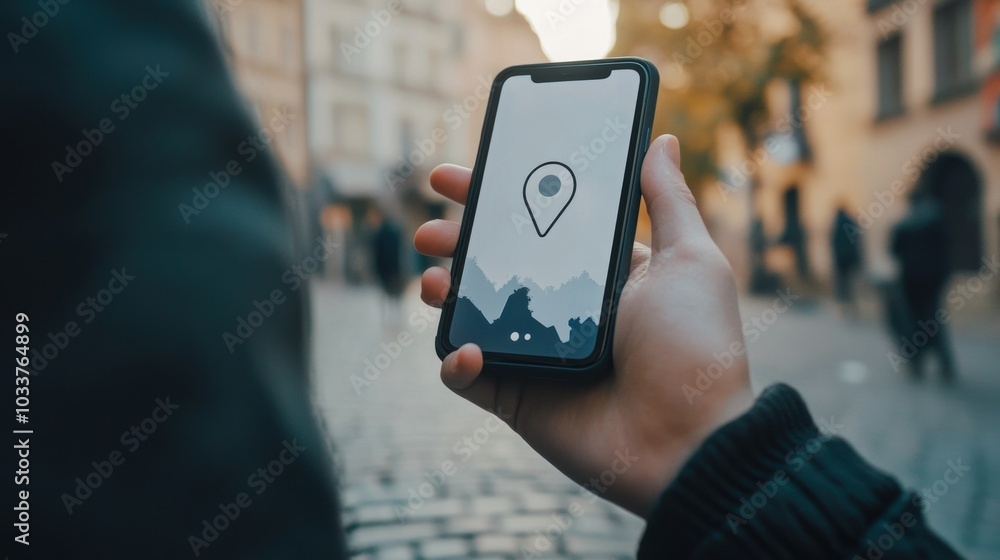 Fototapete A person uses a mobile phone to identify their location, featuring a location pin, while walking in a bustling city environment. Generative AI