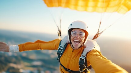 A joyful parachutist with a bright smile captures the thrill and freedom of skydiving as they glide earthward beneath a vibrant parachute on a clear day.