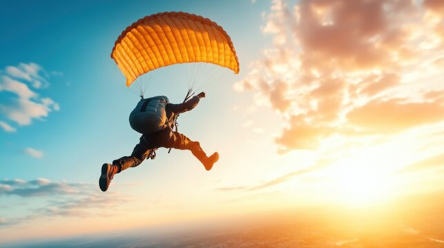A daring parachutist gracefully glides through the sky with a vivid orange parachute during a breathtaking sunset, exuding freedom, adventure, and serenity in nature.