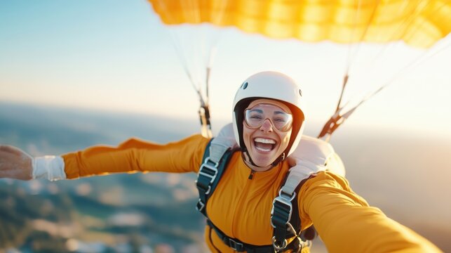 A joyful parachutist with a bright smile captures the thrill and freedom of skydiving as they glide earthward beneath a vibrant parachute on a clear day.