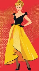 Fototapeta premium Elegant woman in a yellow gown and black top poses against a vibrant backdrop