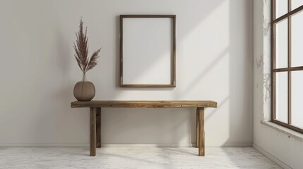 A contemporary home office with white walls and a wooden desk. The desk has a blank picture frame and a small potted succulent. Bright