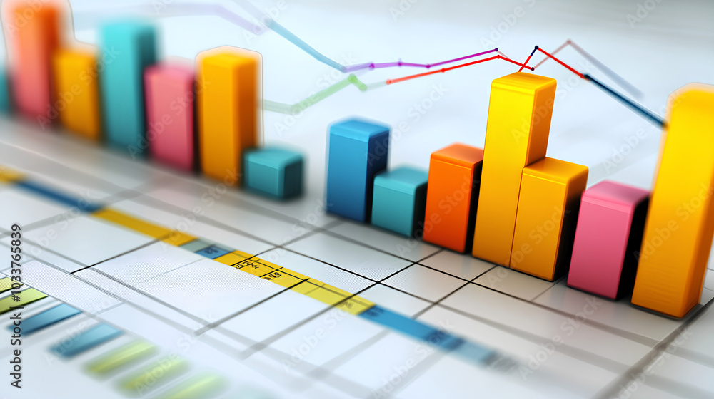 Poster vibrant detailed graph with multiple line charts overlaid on a bar chart, set against a grid on a wh