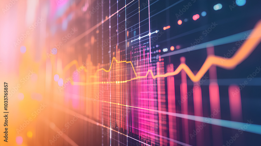 Poster vibrant detailed graph with multiple line charts overlaid on a bar chart, set against a grid on a wh