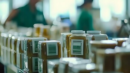 Labeling Process: A label applicator machine precisely placing adhesive labels on product packages. 