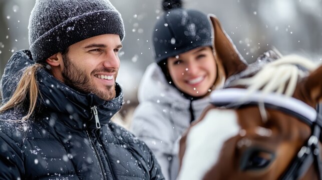 A joyful moment with friends and horses during a snowy winter day, showcasing the beauty of nature and friendship, captured in a serene and captivating setting.