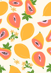Abstract vertical papaya poster, vector flat illustration. Summer or autumn bright pattern with tropical fruit, harvest cover design. Can used for labels, market ad, posters, covers for print.
