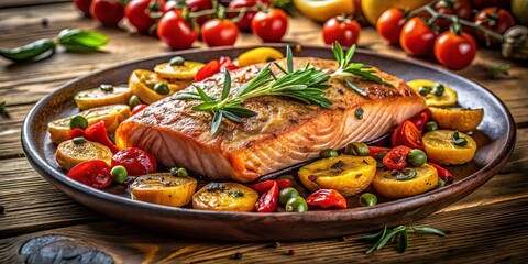 Golden-crusted salmon, nestled amongst vibrant roasted vegetables and a sprig of rosemary, on a rustic wooden surface.