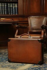 A leather business suitcase leaning against the leg of an executive's chair, with soft ambient lighting. 