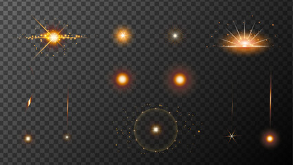 Golden Spark spot light special effect design. Set gold stars.Realistic flares. Glowing effects. Lights flare, star flash light, sun rays..Shining gold dust texture on a transparent background. 