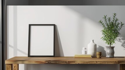 A contemporary home office with white walls and a wooden desk. The desk highlights a blank picture frame and a single book. Gentle