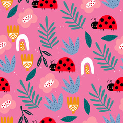 children's background colorful flowers ladybug infinite print rapport textile fabric