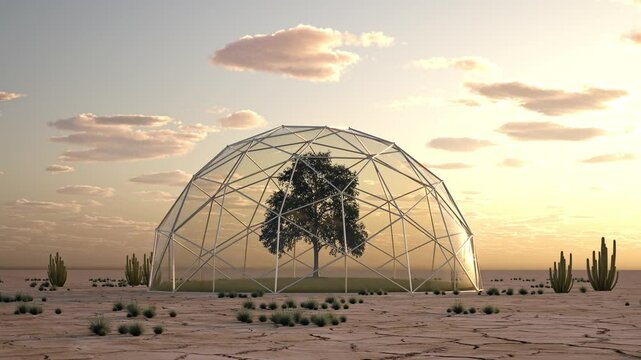 abstract climate protection in desert scense - 3D rendering 4k animation