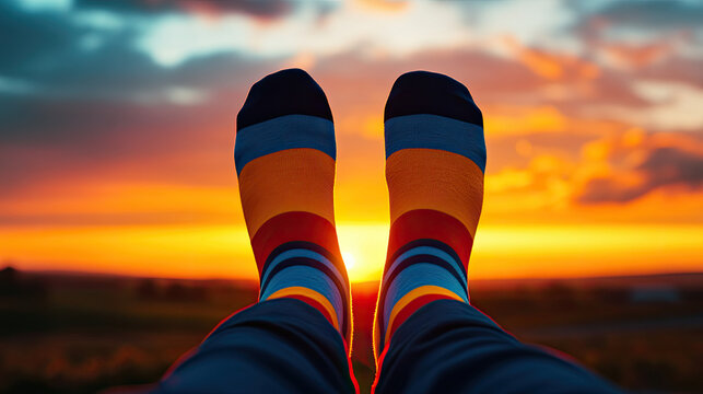 Colorful socks against a vibrant sunset backdrop, evoking relaxation and comfort.