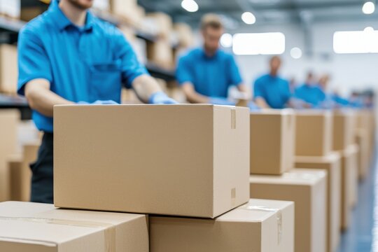 A team of workers in blue uniforms handles cardboard boxes in a warehouse environment, focusing on packing and logistics.