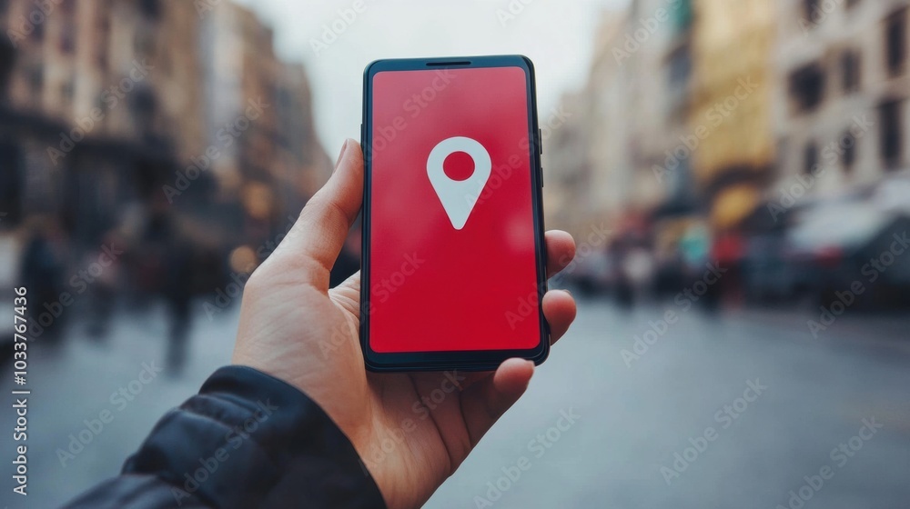 Fototapete A person is navigating through a busy city street using a mobile phone that shows a location pin, indicating their destination. Generative AI