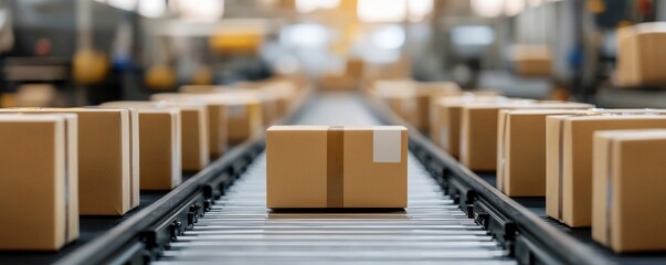 A conveyor belt filled with neatly packed cardboard boxes, illustrating efficient logistics and warehousing operations in a distribution center.