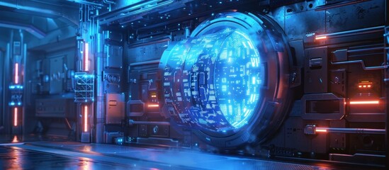 Detailed 3D of a futuristic sci fi portal or warp drive machinery glowing with energy in a dramatic illuminated interstellar tunnel or spacecraft interior  Showcasing advanced technology engineering