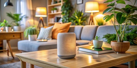 Fototapeta premium Modern Smart Speaker Voice Assistant at Home, Cutting-Edge Technology for Smart Living, Voice-Controlled Devices, Home Automation, Smart Home Gadgets, AI Integration, Wireless Sound, Modern Design