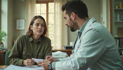 Obraz premium Doctor explaining medical results to patient in cozy medical office