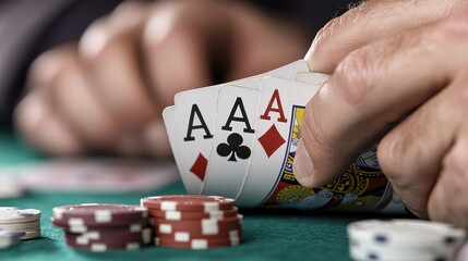 A hand is prominently displayed holding four aces during a poker game, surrounded by an array of poker chips, conveying confidence and excellent gameplay.