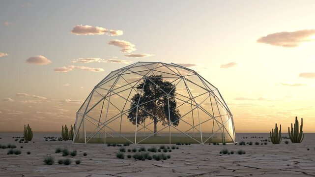 abstract climate protection in desert scense - 3D rendering 4k animation