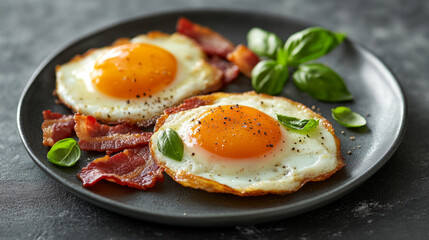 Fried eggs with bacon, Food stock photo