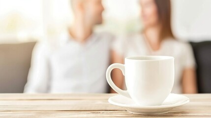 Fototapeta premium White coffee cup on wooden table with blurred couple in background