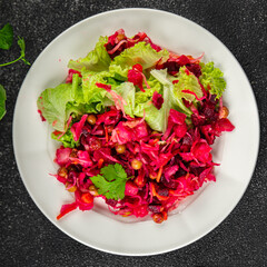 beet salad Baked beetroot, potatoes, green peas, green leaf salad tasty food dish Fresh gourmet food background on the table rustic food top view copy space top view keto and paleo diet Vegetarian
