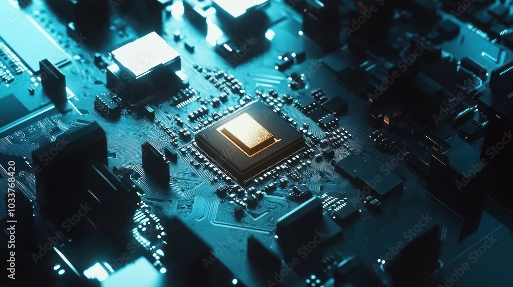 Poster close-up of a computer motherboard with a gold processor