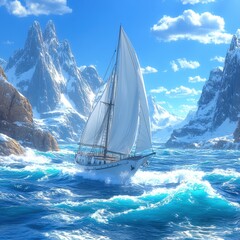 Fototapeta premium A sailing boat glides through blue waters by snow-capped mountains and a sunny sky