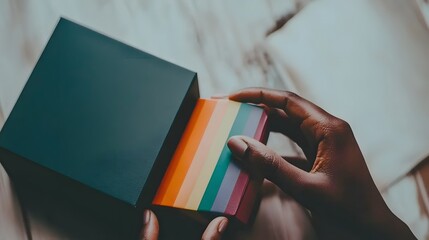 Unwrapping Joy: Hands gently pulling apart the lid of a rainbow box, anticipation evident in the fingers’ movement. 