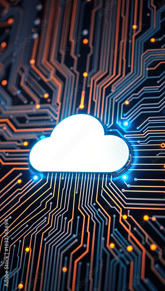 Poster glowing cloud icon over black orange circuit board cloud computing technology infrastructure vertical format