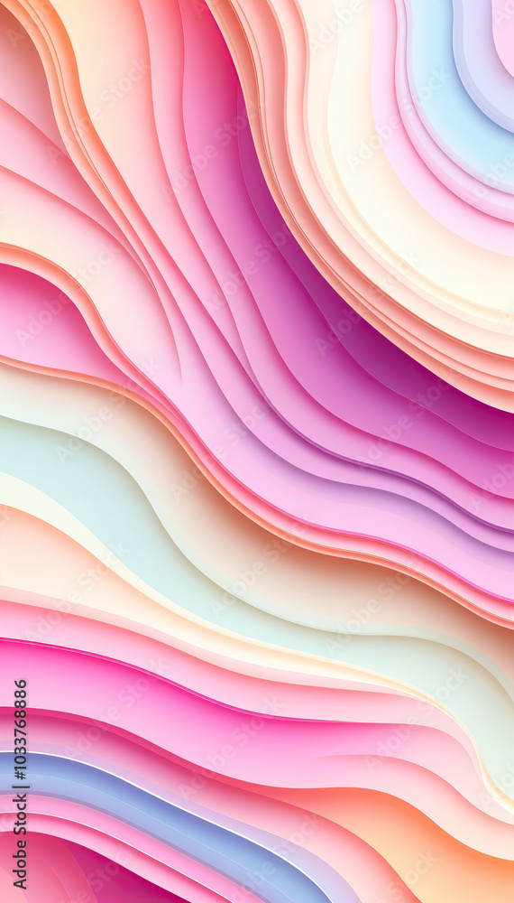Poster layered pastel abstract design in pink blue beige tones soft gradient wavy pattern 3d effect vertical format