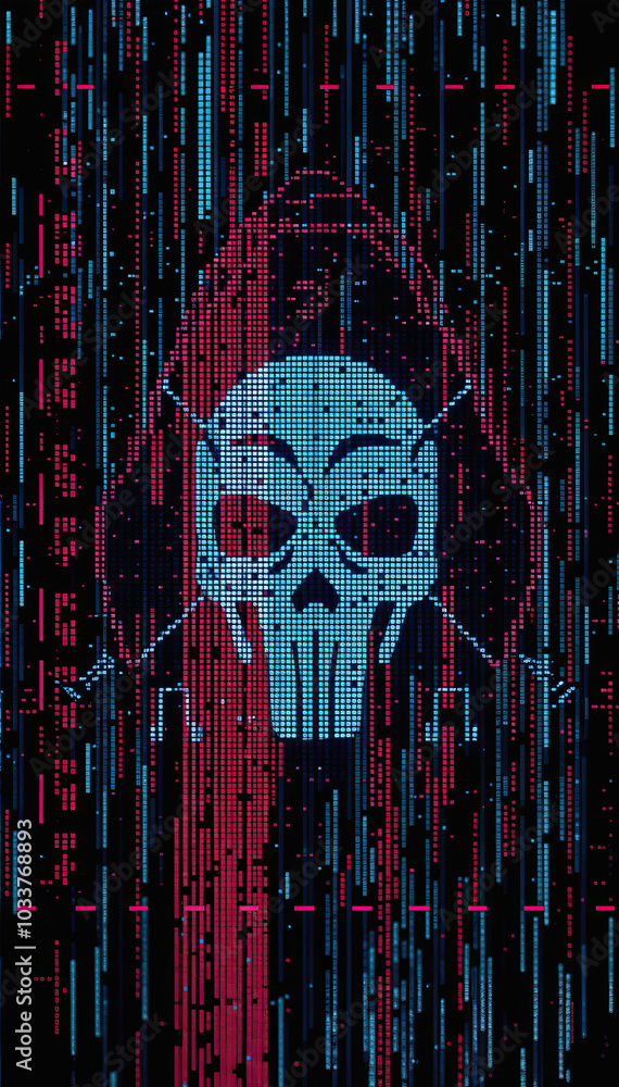 Aufkleber hacking skull in red hoodie with digital matrix background hacker cybercrime concept dark tech theme vertical format