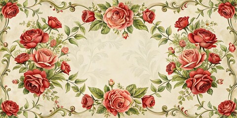 A delicate floral design with ornate scrollwork, featuring lush red roses and verdant leaves, arranged symmetrically around a blank canvas for a romantic, whimsical feel.