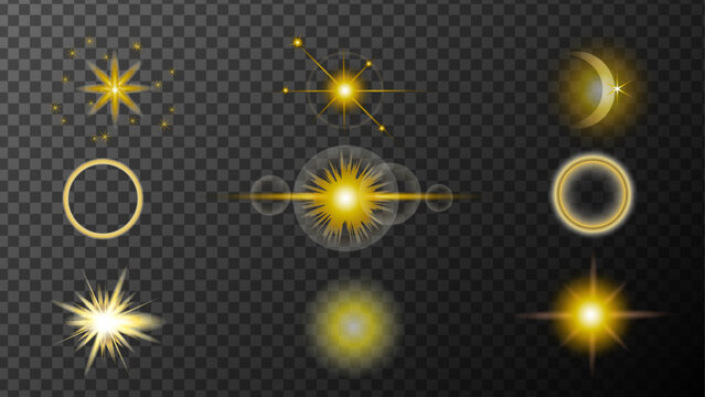 Lights flare, star flash light, sun rays. Shine shiny lens spotlight. Sunlight sparc sun rays. Glowing light effect light sparkle line.Sparkles Star. Golden glitter, set star shine. 
