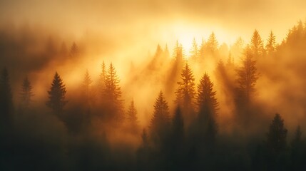 A serene foggy forest scene at dawn showcases soft golden sunlight filtering through mist, creating an ethereal atmosphere with glowing silhouettes of trees and tranquil foliage.