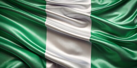 Obraz premium Nigeria Flag Waving in the Wind on Satin Cloth Surface - National Symbol of Unity and Pride for International Celebrations and Events, Vibrant Colors and Textures Capturing Cultural Essence