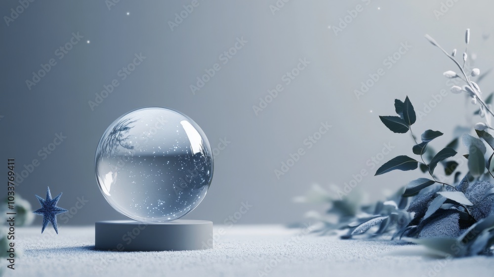 Poster a clear glass orb sits on a circular, white platform. the orb is filled with a clear liquid and has 