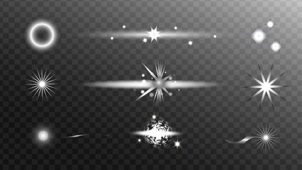 Abstract light star set. Flare light, lens flare Set White Silver sparkle light effect isolated on transparent background.Silver white light. Shining star, light spark with rays. Light sparkle bling .