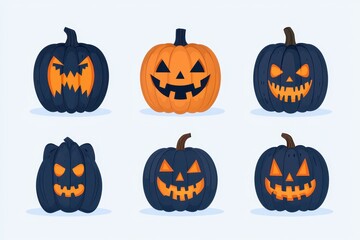 Pumpkins with various carved expressions, placed on doorsteps, Halloween night, flat design illustration