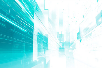 Abstract digital background with fast moving light streaks and geometric shapes in a futuristic design with blue and white tones.