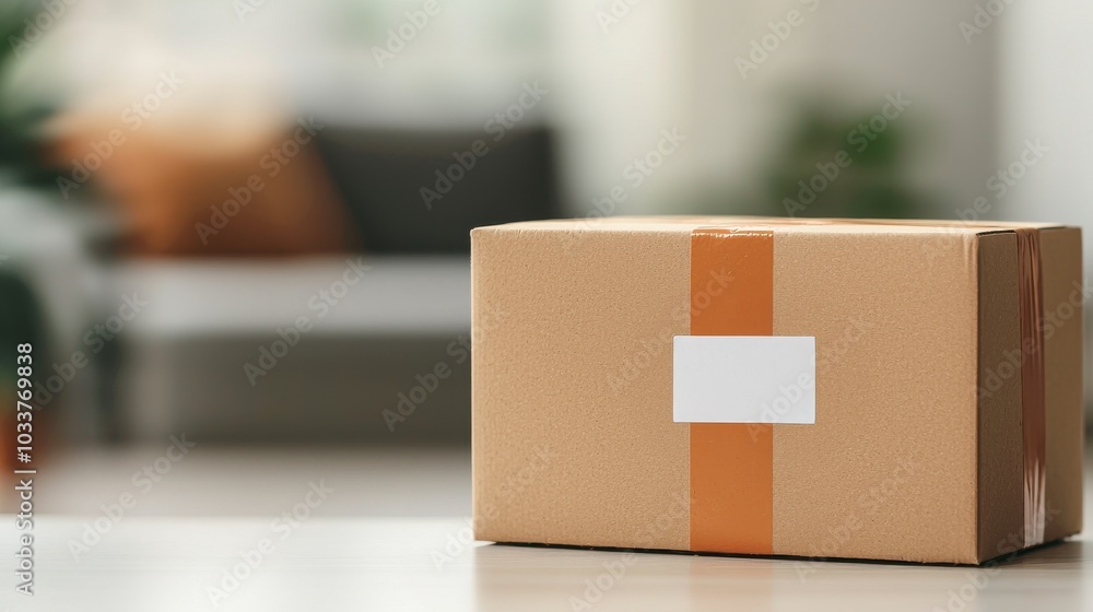 Poster a plain cardboard box with an orange stripe sits on a table, surrounded by a softly lit room and hin
