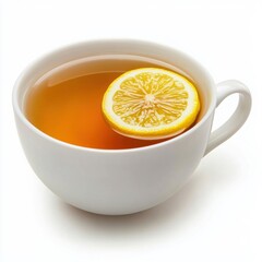 Cup of tea with a slice of lemon on a white isolated background.