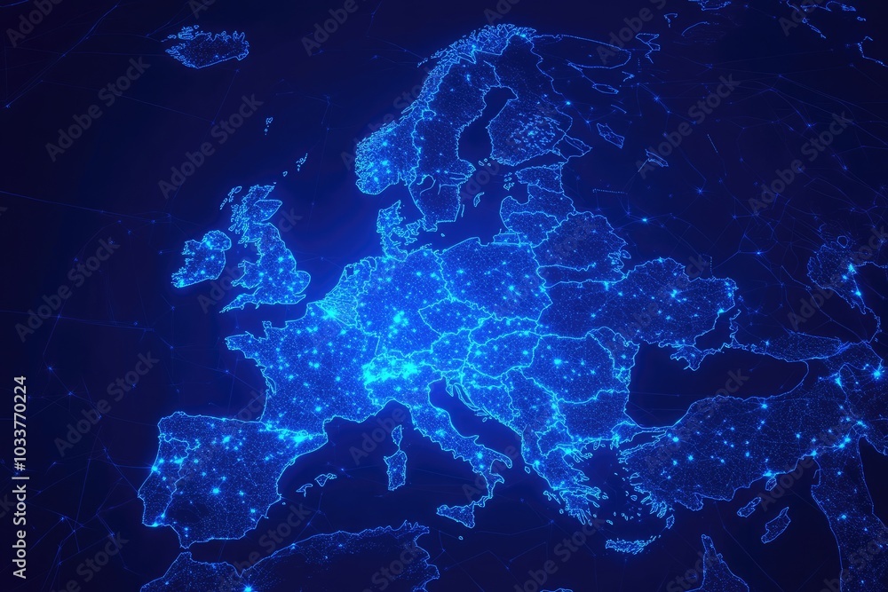 Poster europe map with glowing lines. perfect for illustrating concepts of connection and travel across the