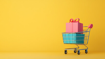 A colorful shopping cart filled with gift boxes on a vibrant yellow background, perfect for holiday or gift-related themes.