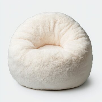 Fluffy white bean bag chair on a white isolated background.