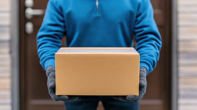 A person in a blue sweater holds a cardboard package in front of a door, ready to deliver it, emphasizing convenience and online shopping.