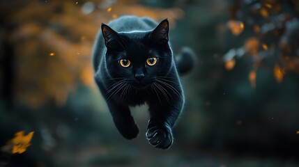 A black cat leaps in a park at night, its glowing eyes and motion blur create a mysterious atmosphere with bokeh lights, shadowy trees, and crisp fur details.